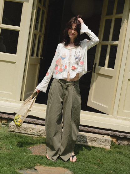 OuttheBlue Retro Washed Floral Wide Leg Slit Curved Leg Women&
