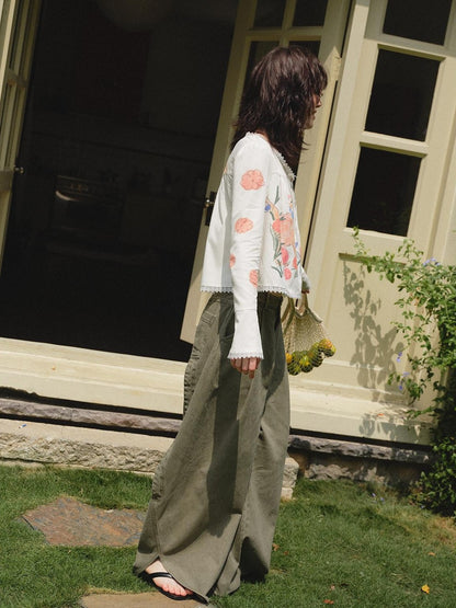 OuttheBlue Retro Washed Floral Wide Leg Slit Curved Leg Women&