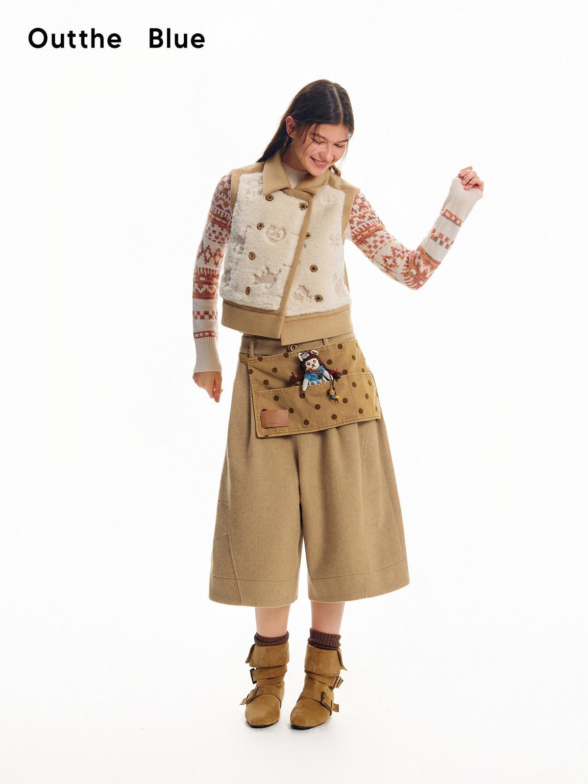 OuttheBlue Retro Wide Leg Button Fly Wool Women&