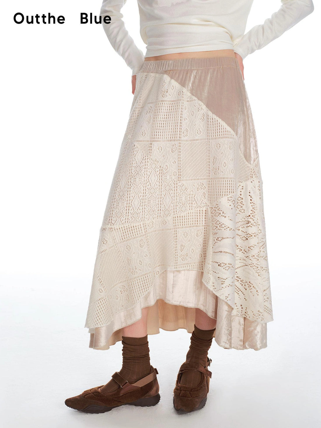 OuttheBlue Romantic Velvet Crochet Lace Asymmetrical Layered Skirt