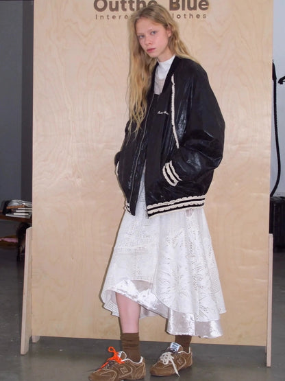 OuttheBlue Romantic Velvet Crochet Lace Asymmetrical Layered Skirt