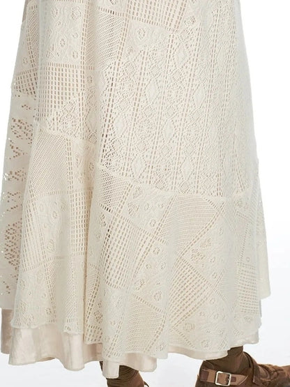 OuttheBlue Romantic Velvet Crochet Lace Asymmetrical Layered Skirt