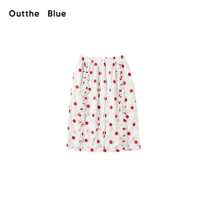 OuttheBlue Ruffle Detail Elastic Waist Printed Linen Blend Straight Off White Midi Skirts
