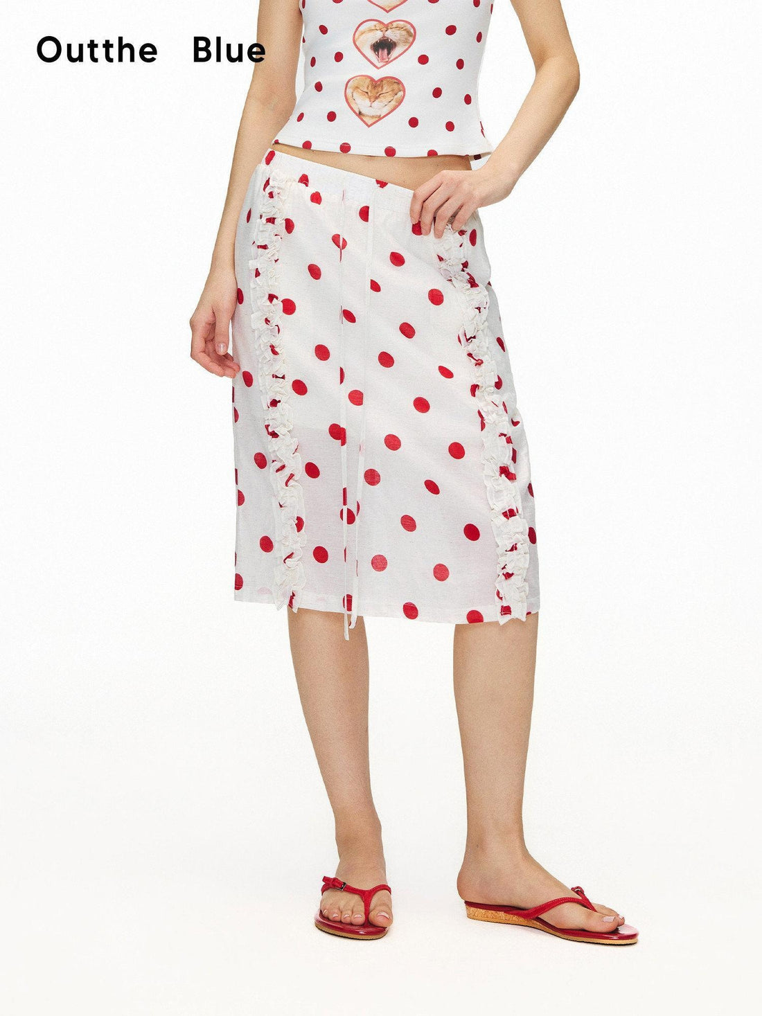 OuttheBlue Ruffle Detail Elastic Waist Printed Linen Blend Straight Off White Midi Skirts