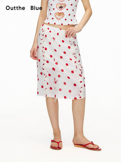 OuttheBlue Ruffle Detail Elastic Waist Printed Linen Blend Straight Off White Midi Skirts