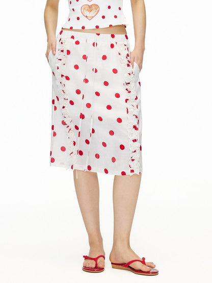 OuttheBlue Ruffle Detail Elastic Waist Printed Linen Blend Straight Off White Midi Skirts