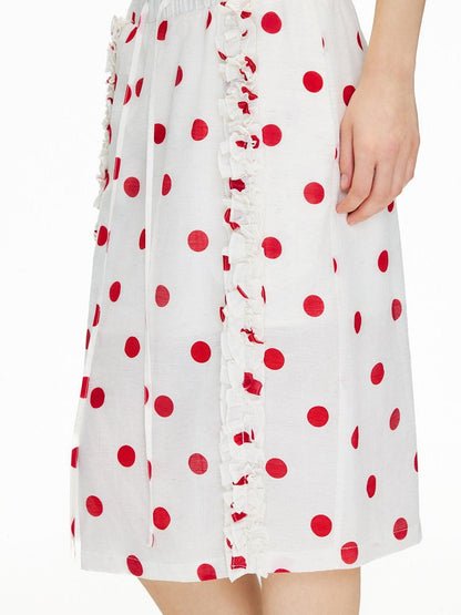 OuttheBlue Ruffle Detail Elastic Waist Printed Linen Blend Straight Off White Midi Skirts
