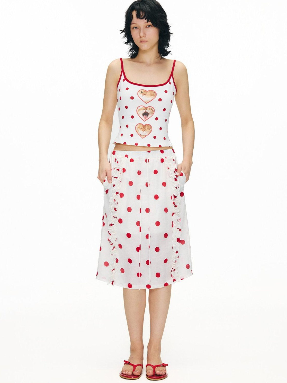 OuttheBlue Ruffle Detail Elastic Waist Printed Linen Blend Straight Off White Midi Skirts