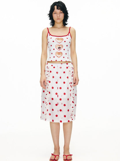 OuttheBlue Ruffle Detail Elastic Waist Printed Linen Blend Straight Off White Midi Skirts