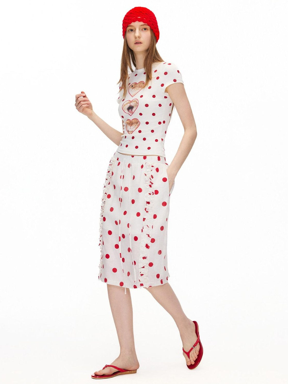 OuttheBlue Ruffle Detail Elastic Waist Printed Linen Blend Straight Off White Midi Skirts