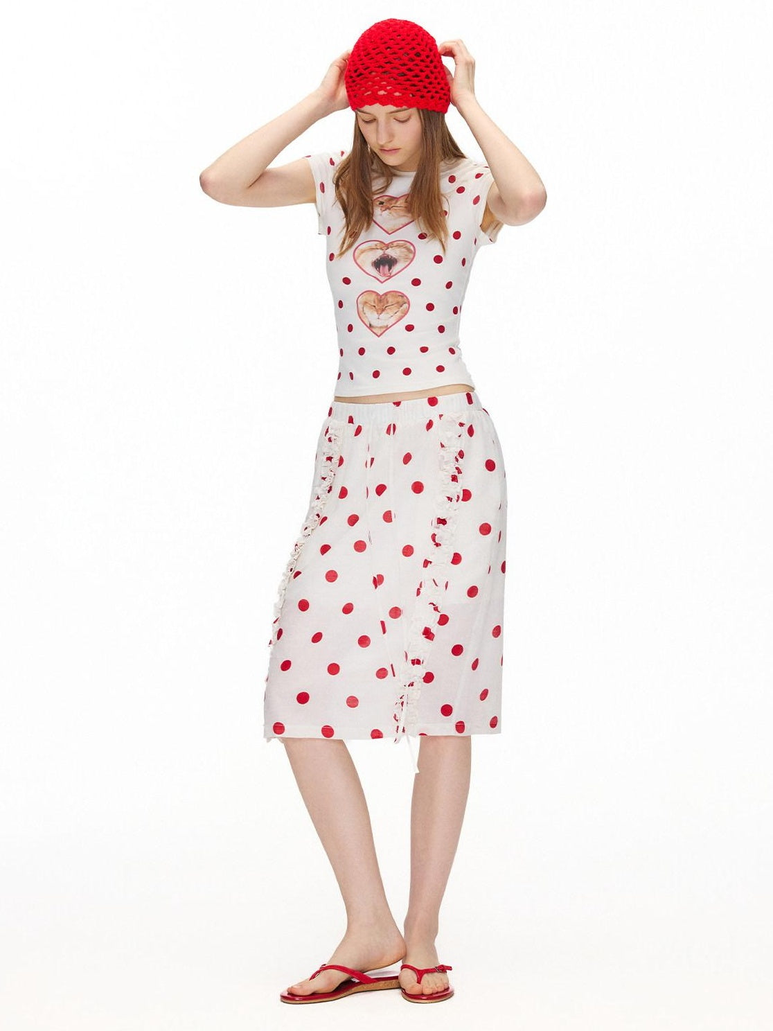 OuttheBlue Ruffle Detail Elastic Waist Printed Linen Blend Straight Off White Midi Skirts