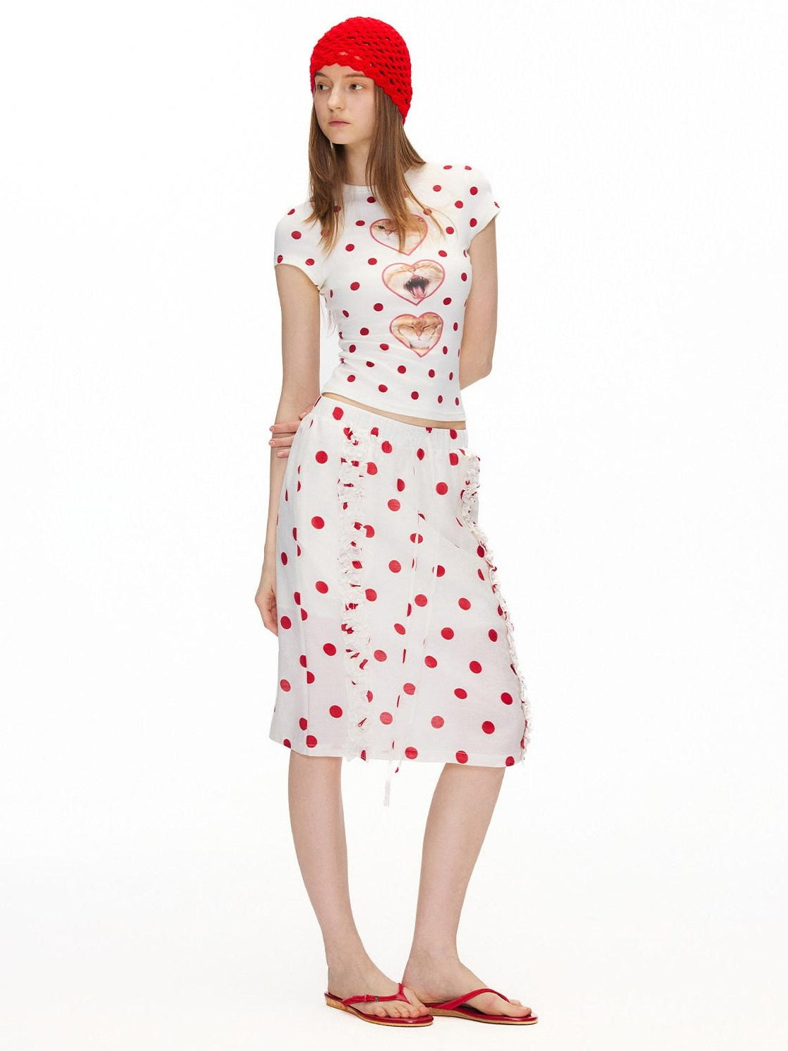 OuttheBlue Ruffle Detail Elastic Waist Printed Linen Blend Straight Off White Midi Skirts