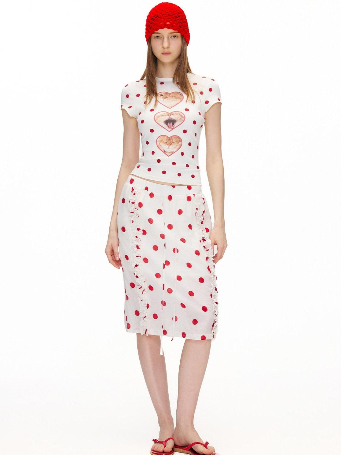 OuttheBlue Ruffle Detail Elastic Waist Printed Linen Blend Straight Off White Midi Skirts