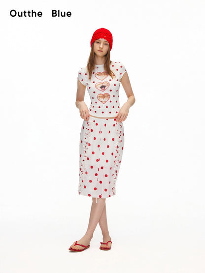OuttheBlue Ruffle Detail Elastic Waist Printed Linen Blend Straight Off White Midi Skirts