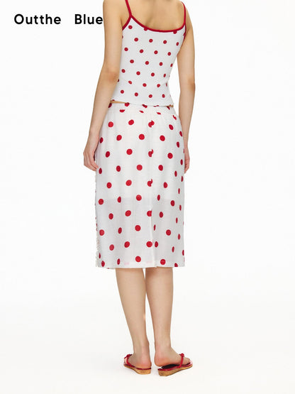OuttheBlue Ruffle Detail Elastic Waist Printed Linen Blend Straight Off White Midi Skirts