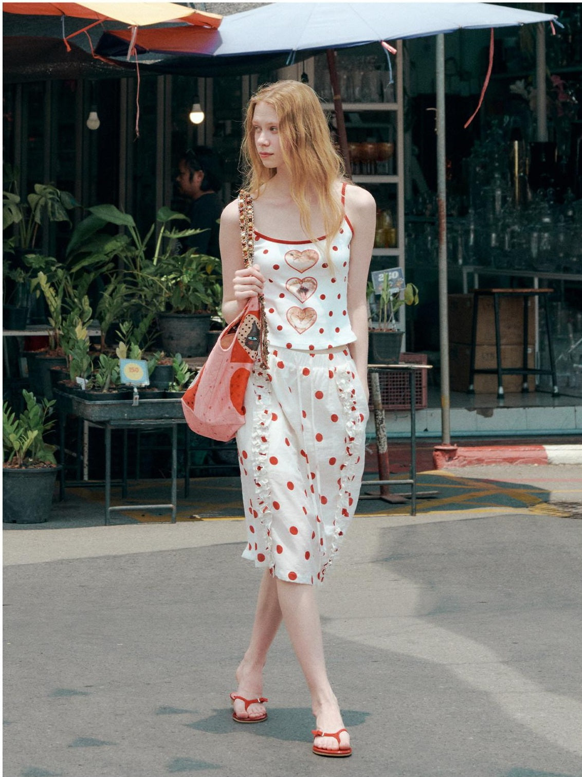 OuttheBlue Ruffle Detail Elastic Waist Printed Linen Blend Straight Off White Midi Skirts