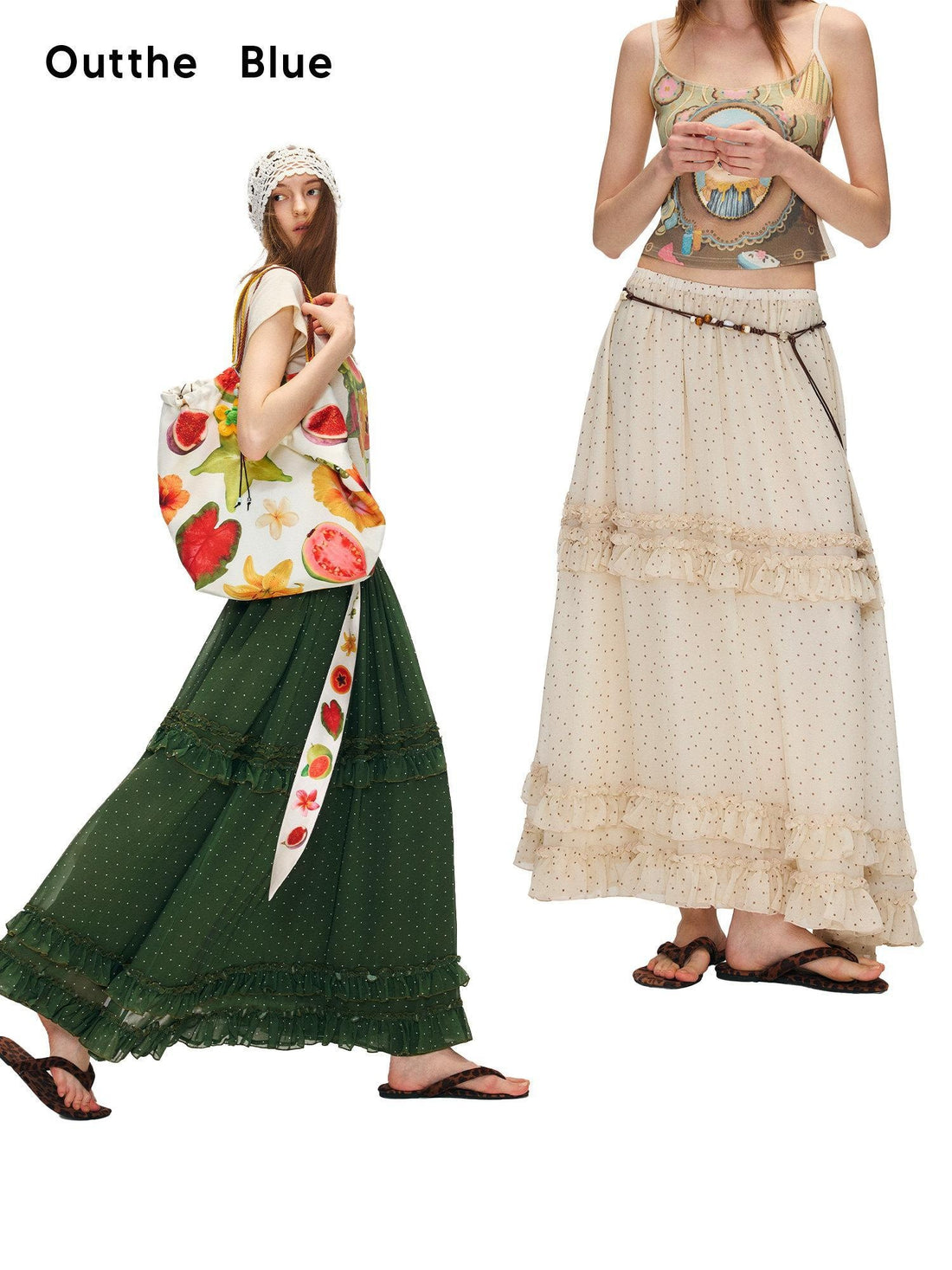 OuttheBlue Ruffle High Waist A Line Loose Boho Printed Polyester Women Maxi Skirts