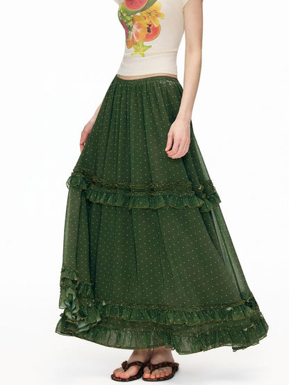 OuttheBlue Ruffle High Waist A Line Loose Boho Printed Polyester Women Maxi Skirts