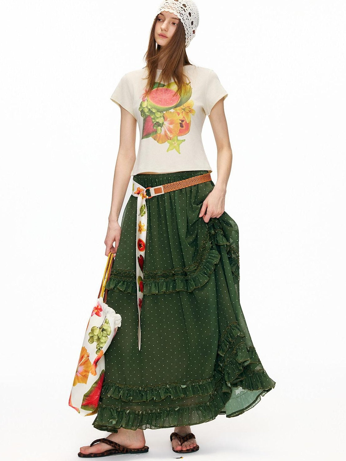 OuttheBlue Ruffle High Waist A Line Loose Boho Printed Polyester Women Maxi Skirts