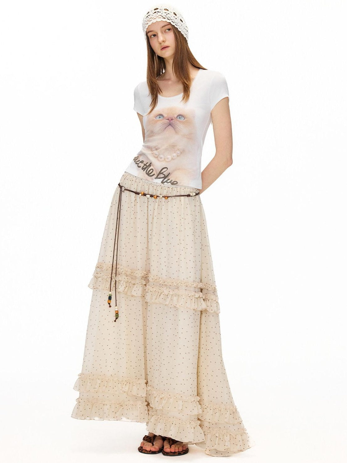 OuttheBlue Ruffle High Waist A Line Loose Boho Printed Polyester Women Maxi Skirts