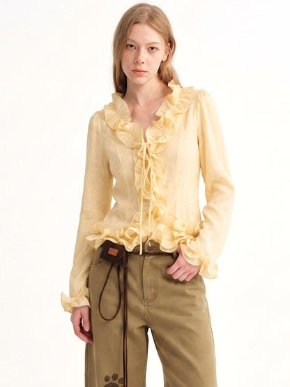 OuttheBlue Ruffled Plaid Tie Front Long Sleeve Women&