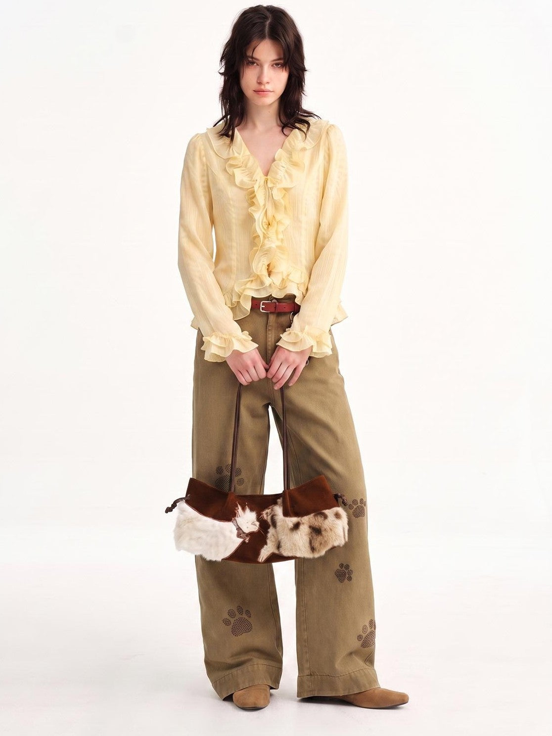 OuttheBlue Ruffled Plaid Tie Front Long Sleeve Women&