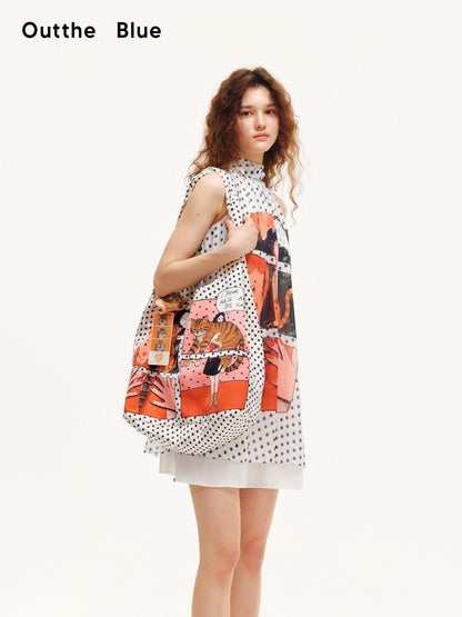 OuttheBlue Satin Comic Print Twist Knot Large Capacity Women&