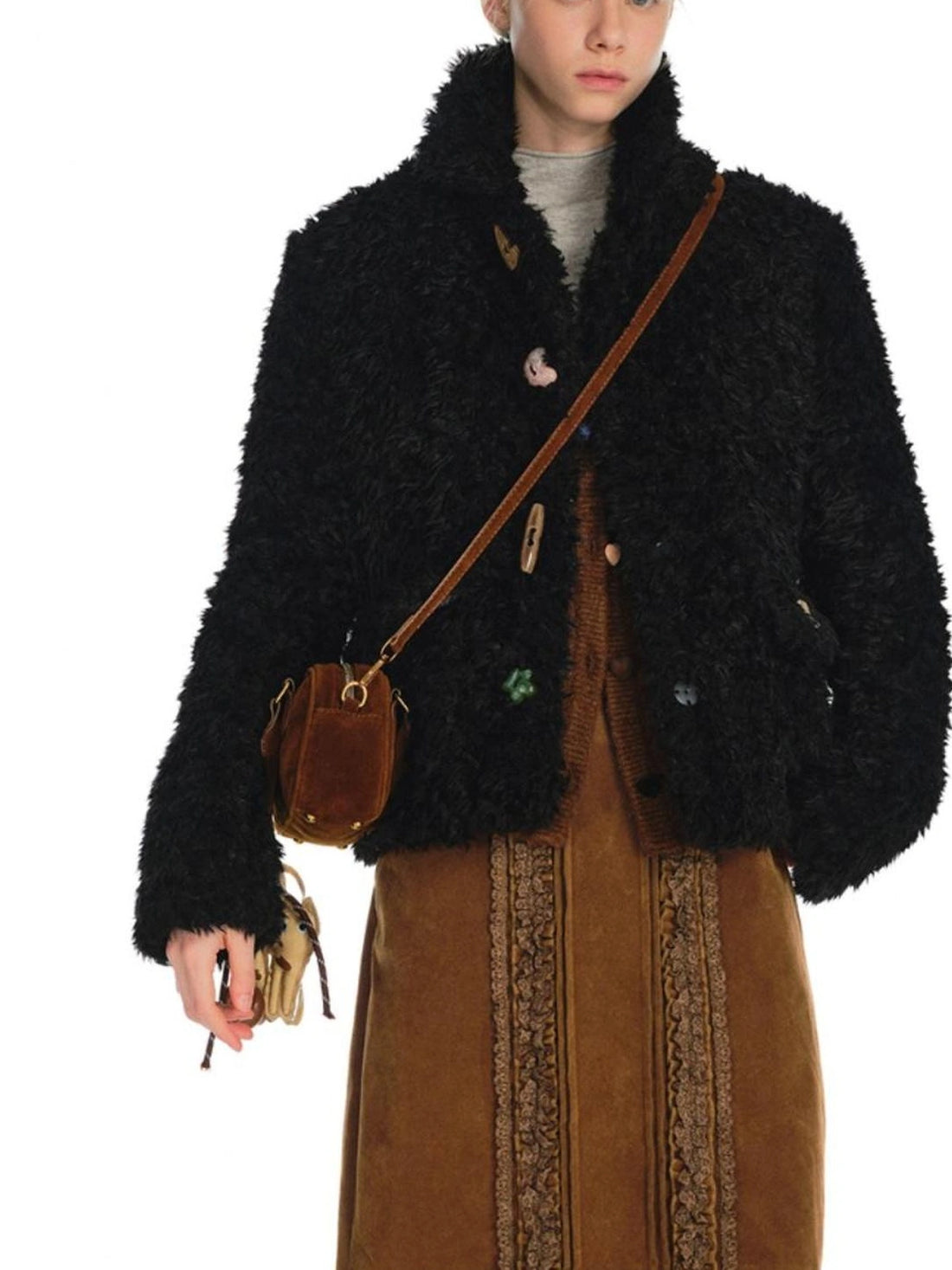 OuttheBlue Slim Fit Black Cropped Faux Fur Coat With Colorful Buttons