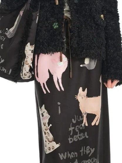 OuttheBlue Slim Fit Black Cropped Faux Fur Coat With Colorful Buttons