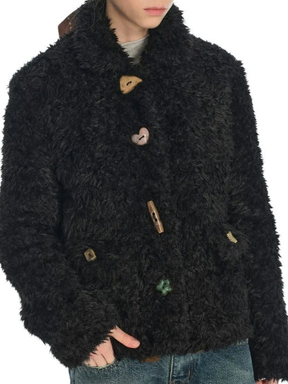 OuttheBlue Slim Fit Black Cropped Faux Fur Coat With Colorful Buttons