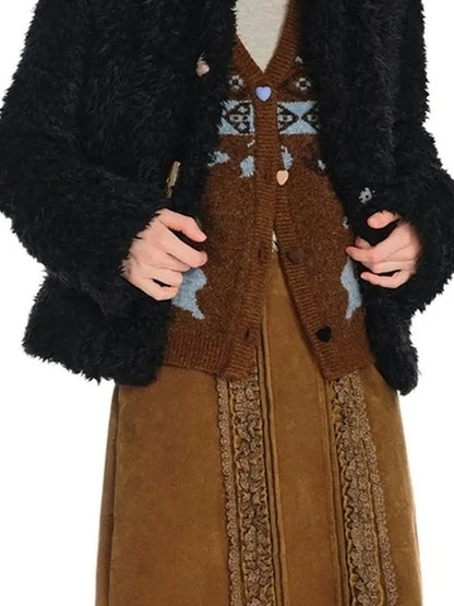 OuttheBlue Slim Fit Black Cropped Faux Fur Coat With Colorful Buttons