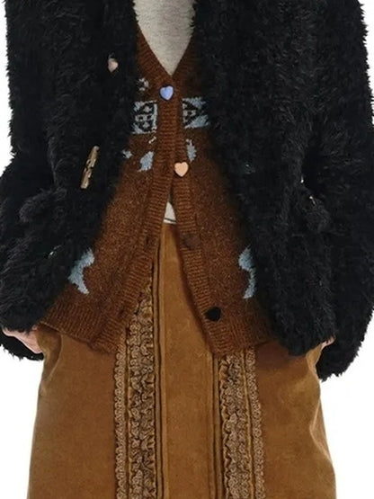 OuttheBlue Slim Fit Black Cropped Faux Fur Coat With Colorful Buttons