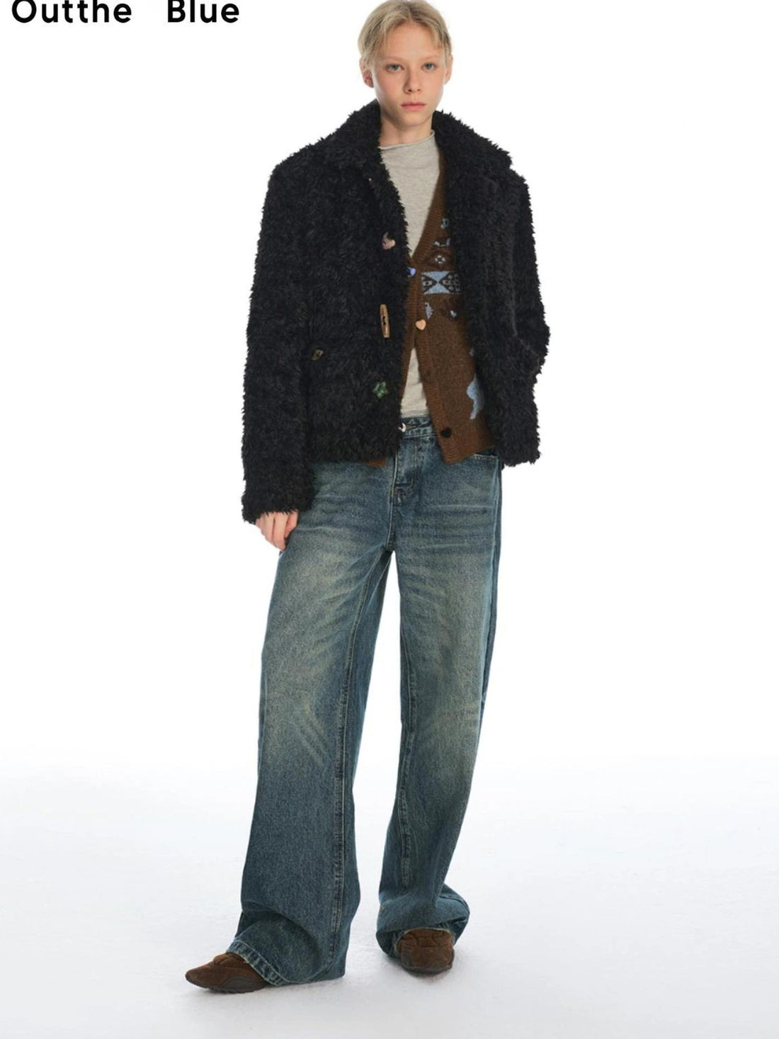 OuttheBlue Slim Fit Black Cropped Faux Fur Coat With Colorful Buttons
