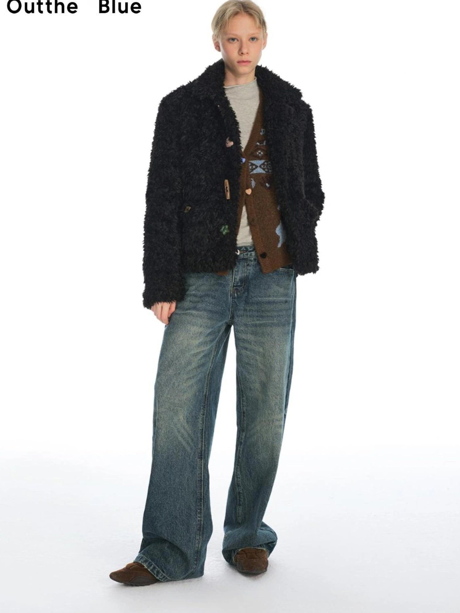 OuttheBlue Slim Fit Black Cropped Faux Fur Coat With Colorful Buttons