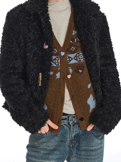 OuttheBlue Slim Fit Black Cropped Faux Fur Coat With Colorful Buttons