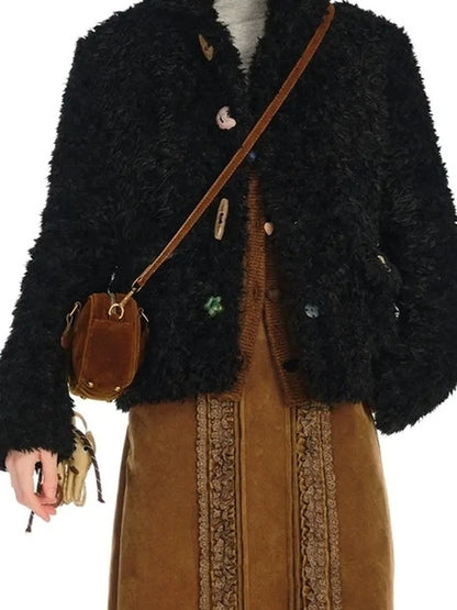 OuttheBlue Slim Fit Black Cropped Faux Fur Coat With Colorful Buttons