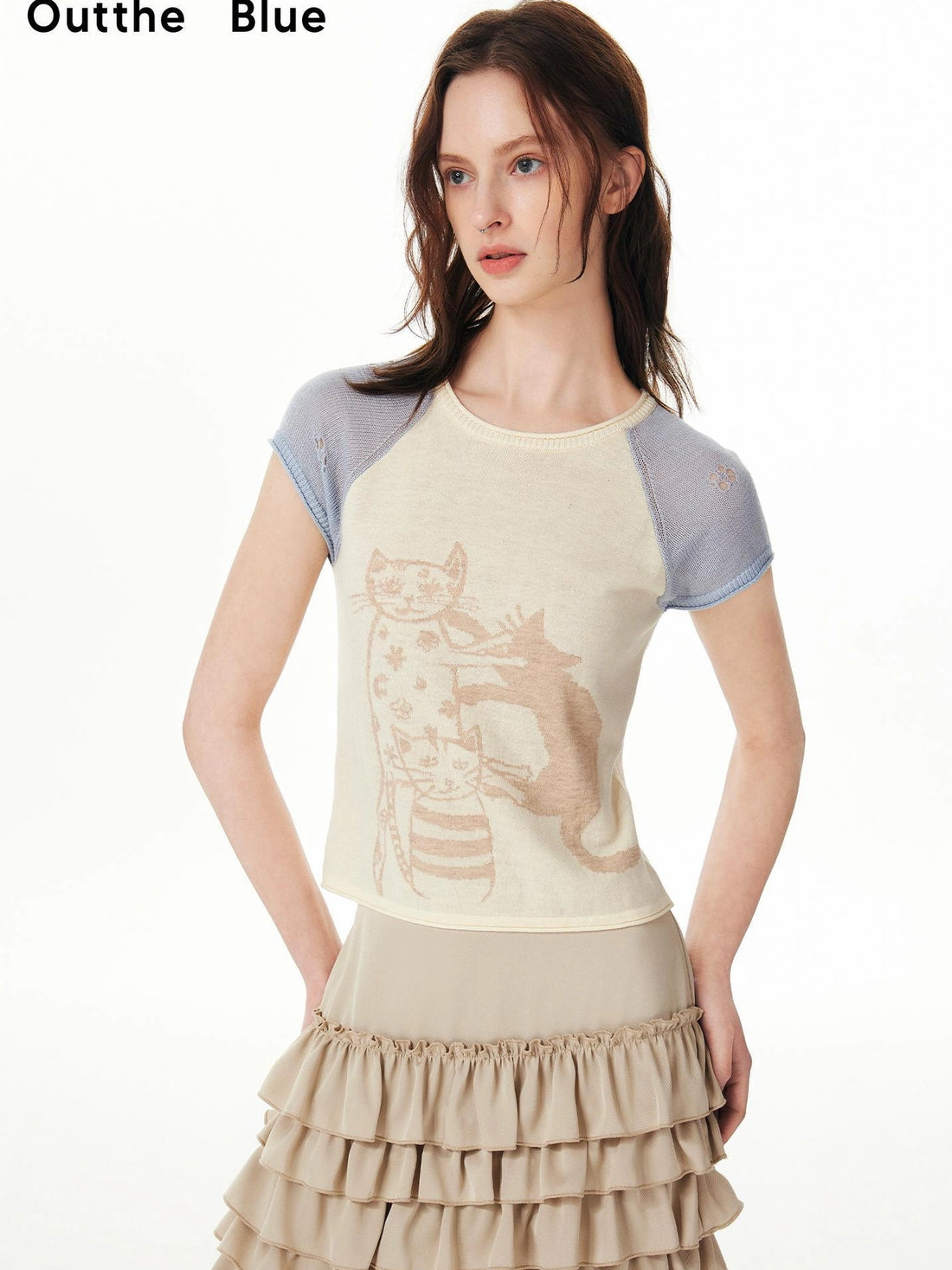 OuttheBlue Slim Fit Jacquard Teal Blue Tencel Wool Short Sleeve T-shirt