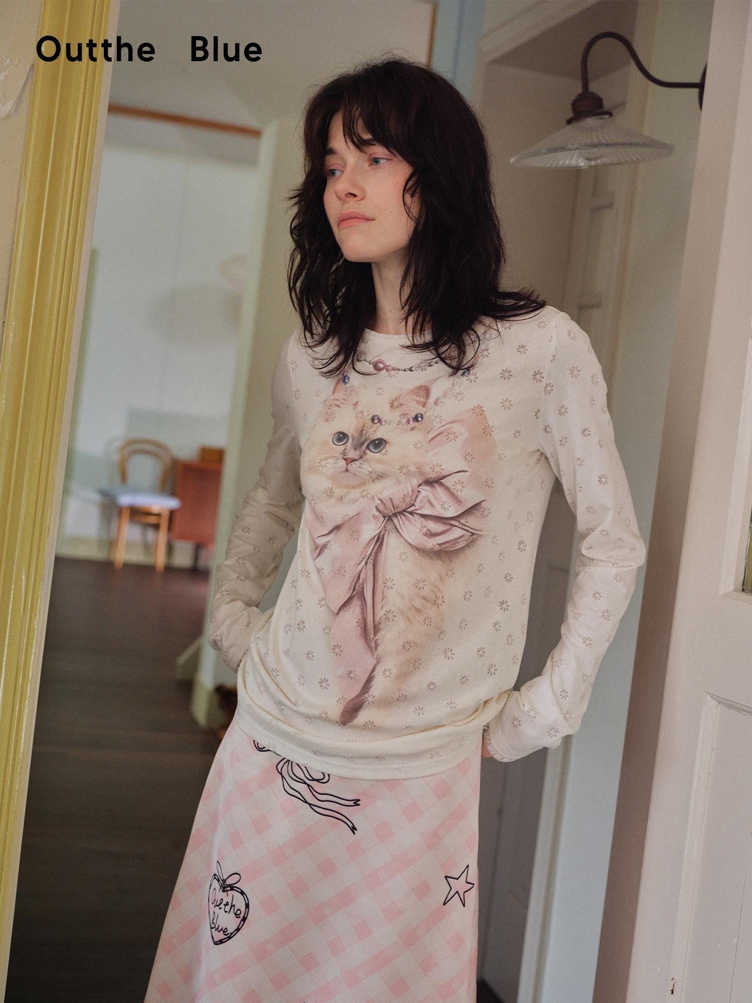 OuttheBlue Slimming Cat Print Lace Collar Women&