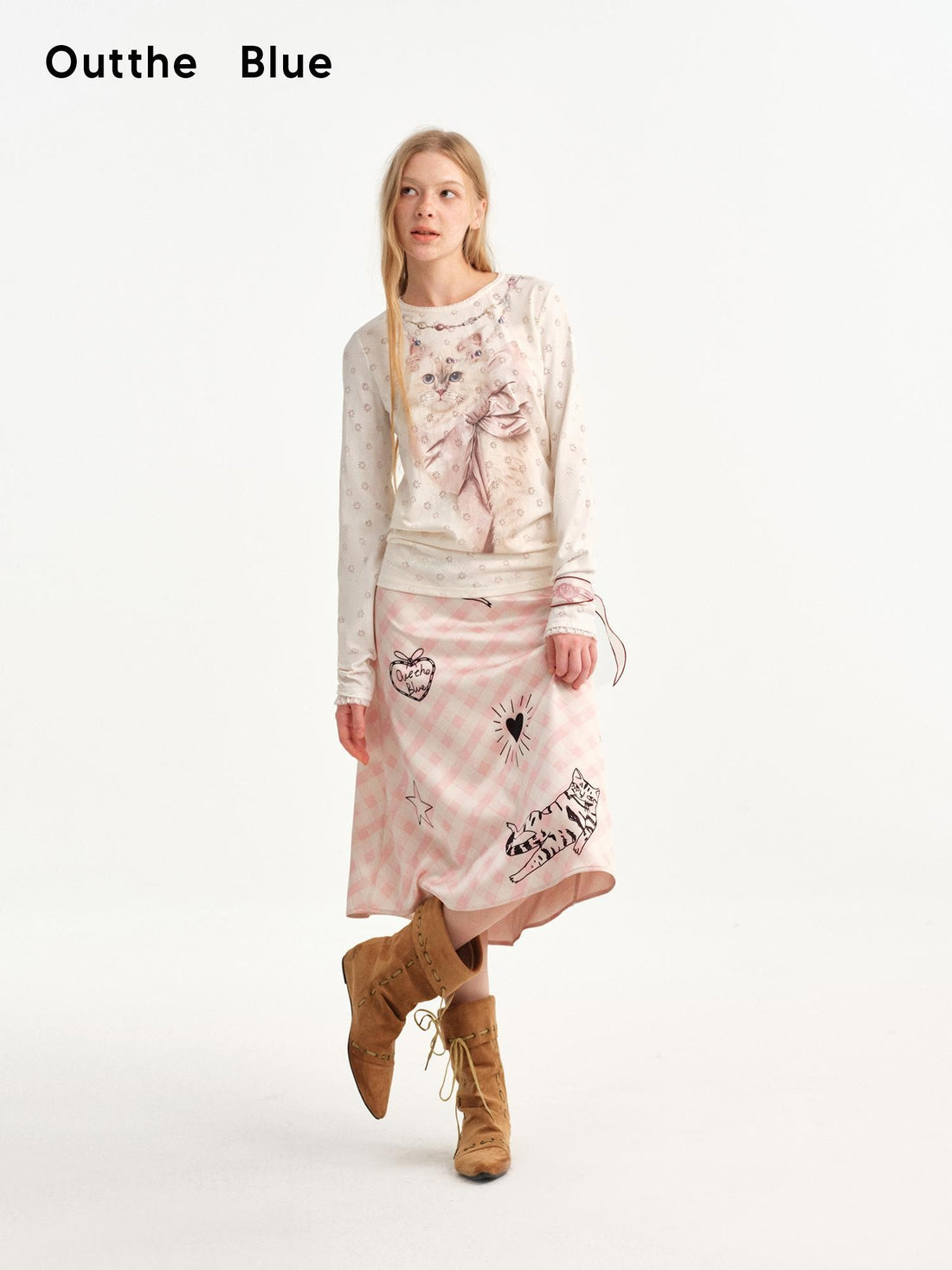 OuttheBlue Slimming Cat Print Lace Collar Women&