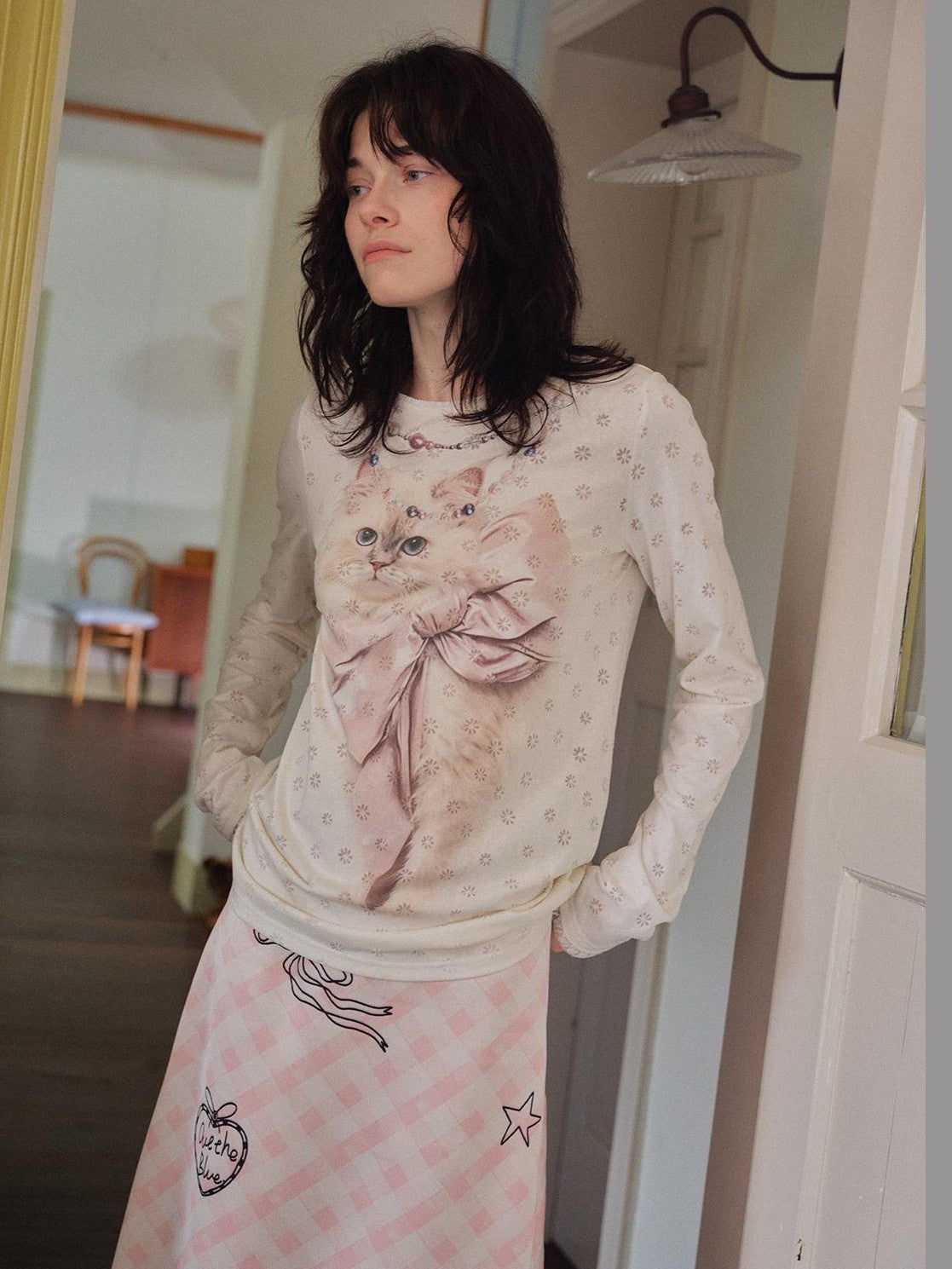 OuttheBlue Slimming Cat Print Lace Collar Women&