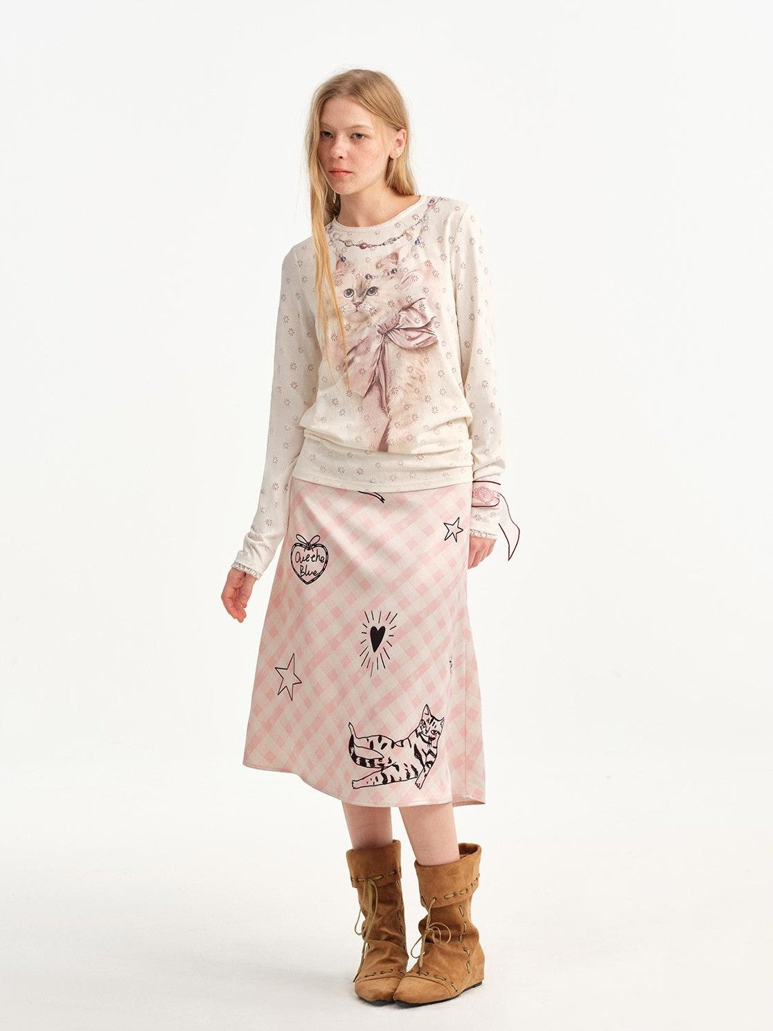 OuttheBlue Slimming Cat Print Lace Collar Women&