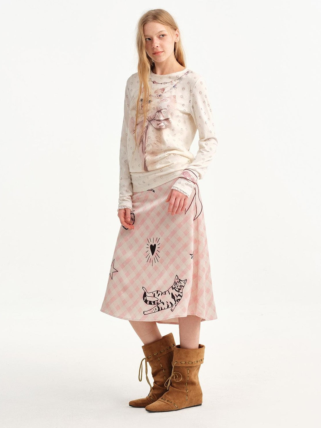 OuttheBlue Slimming Cat Print Lace Collar Women&