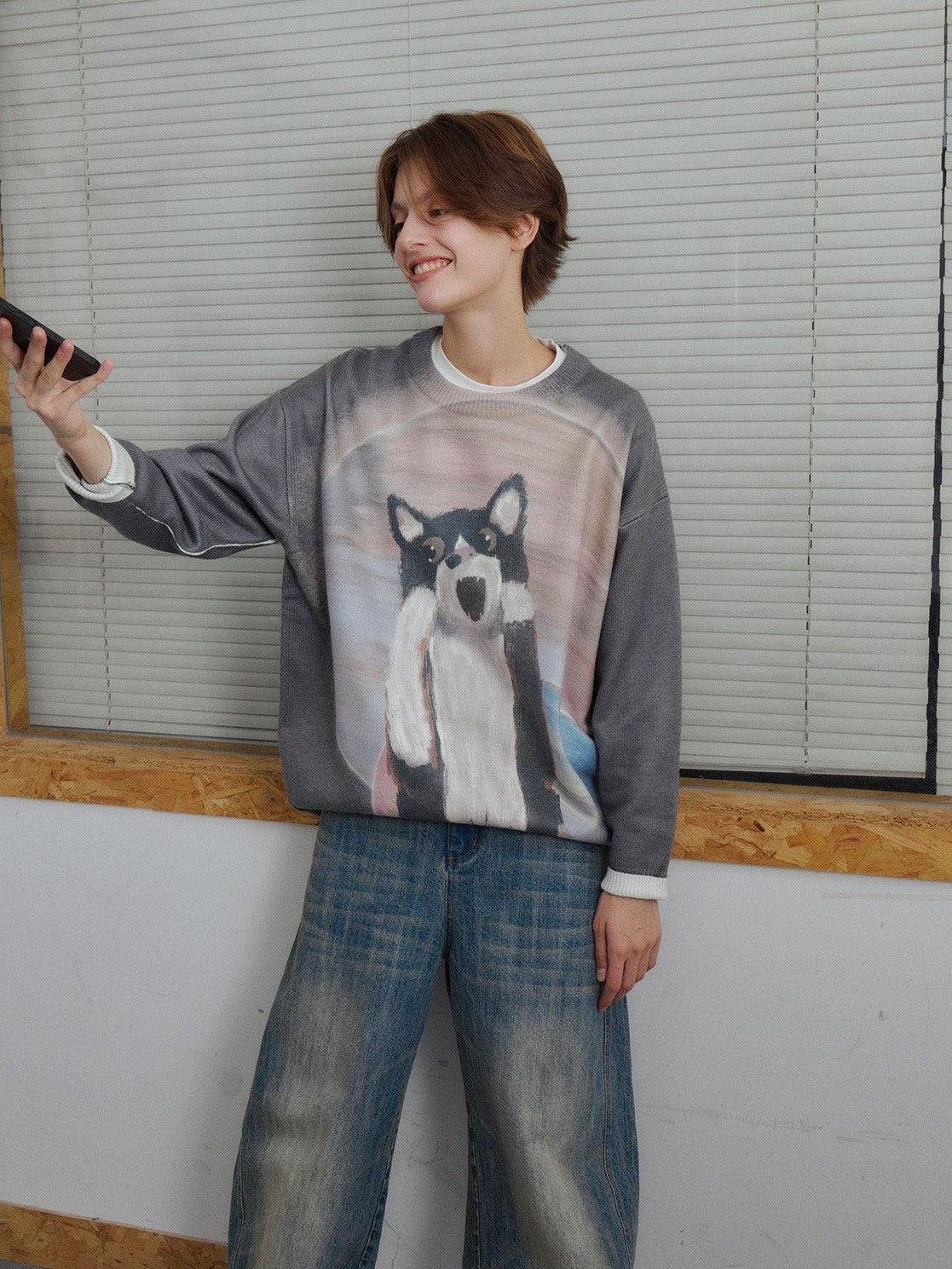 OuttheBlue Soft Acrylic Blend Classic Crewneck Pullover Office Animal Print Knitwear