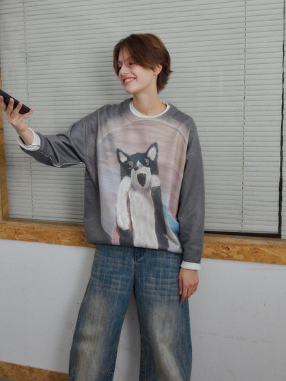 OuttheBlue Soft Acrylic Blend Classic Crewneck Pullover Office Animal Print Knitwear