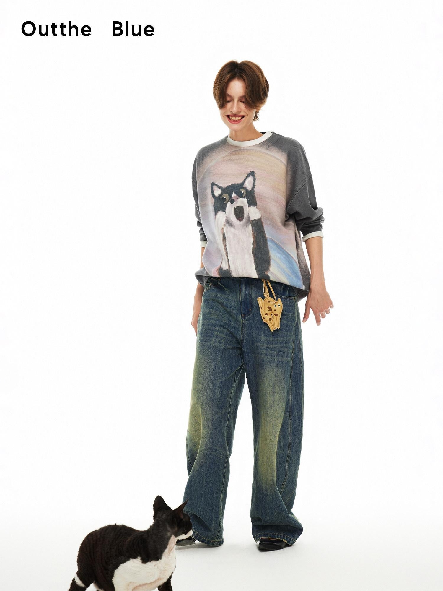 OuttheBlue Soft Acrylic Blend Classic Crewneck Pullover Office Animal Print Knitwear