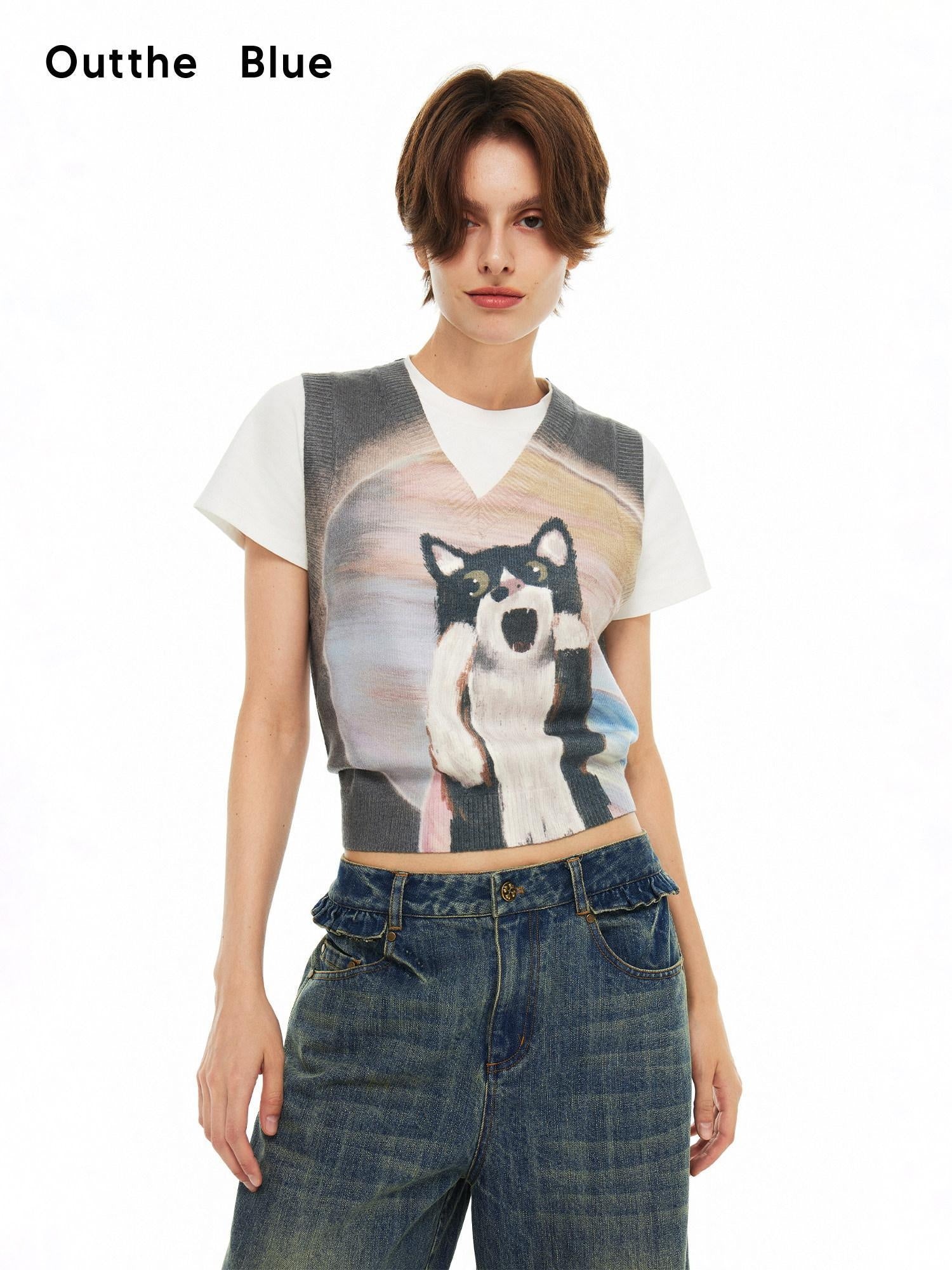 OuttheBlue Soft Acrylic Blend Office Cropped V-neck Sleeveless Animal Print Tank Tops