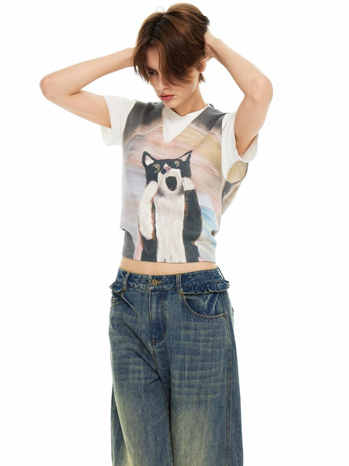 OuttheBlue Soft Acrylic Blend Office Cropped V-neck Sleeveless Animal Print Tank Tops