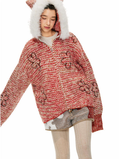 OuttheBlue Soft Acrylic Hooded Zip Up Loose Fit Commuter Women Solid Red Cardigans