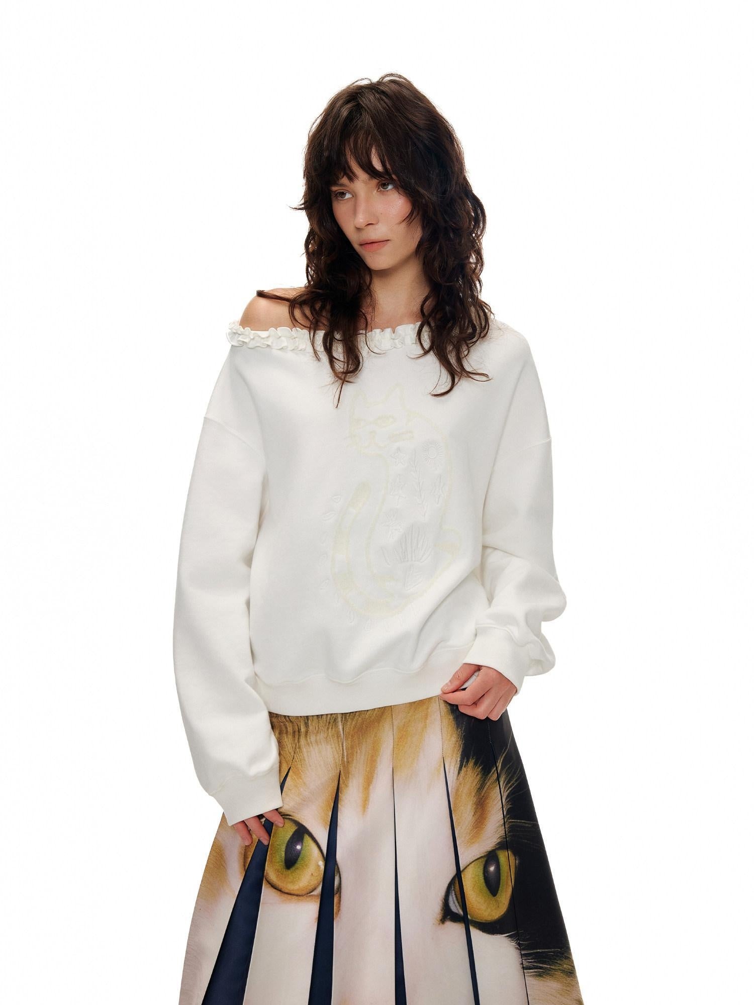 OuttheBlue Soft Cotton Blend Loose Fit Cat Silhouette Women White Long Sleeve T-Shirts