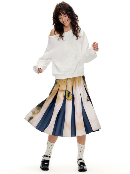 OuttheBlue Soft Cotton Blend Loose Fit Cat Silhouette Women White Long Sleeve T-Shirts